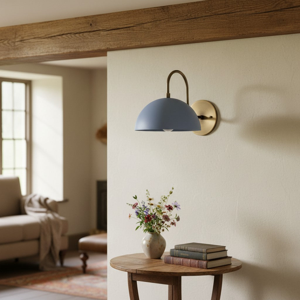 Curva Metal Industrial Wall Sconce - Curved Brass Arm - Hammered Dome Light Fixture