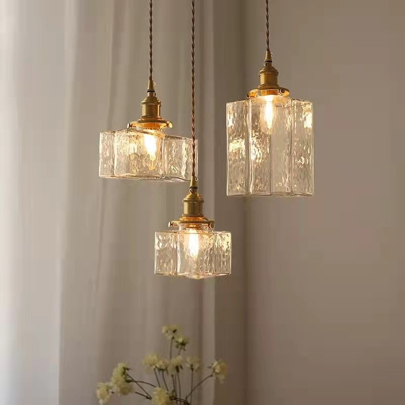 Traditionelle Vintage Quadrat Rechteck Ripple Glas Eisen 1-Licht Pendelleuchte für Wohnzimmer