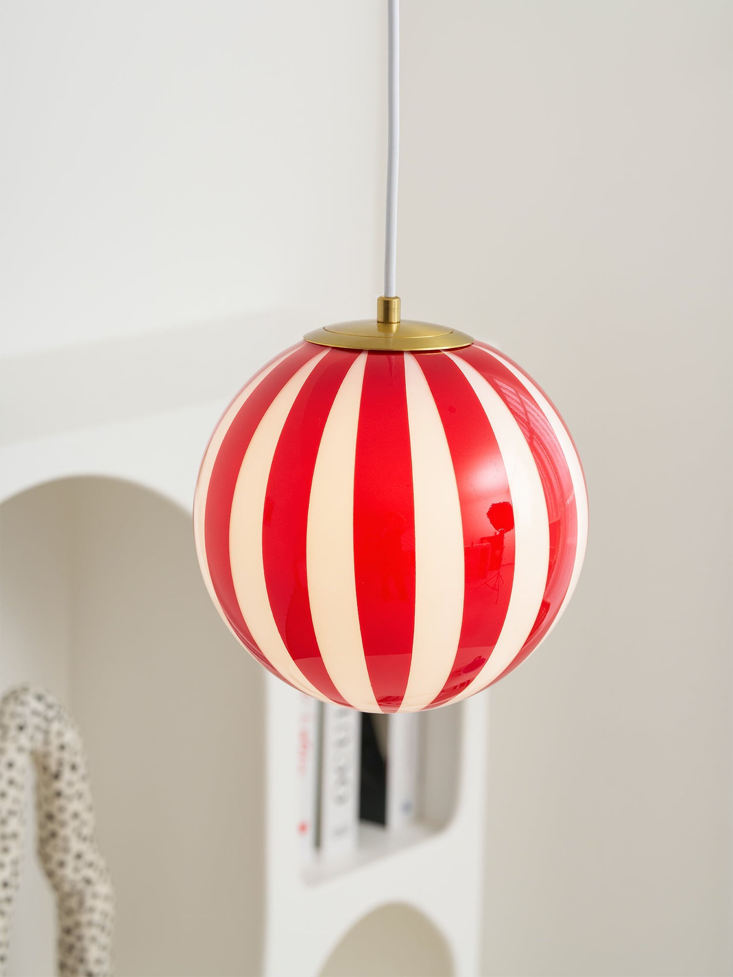 Red Striped Glass Globe Hardwired Pendant