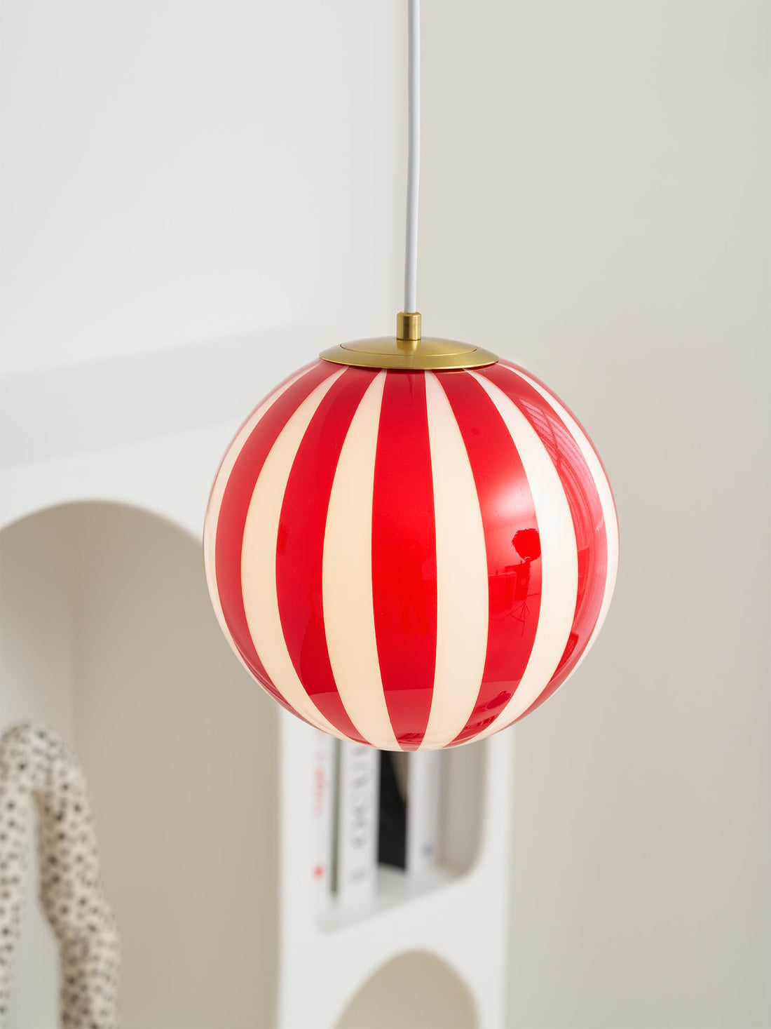 Red Striped Glass Globe Hardwired Pendant