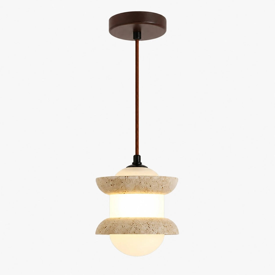 Single travertine stone pendant light on a plain background