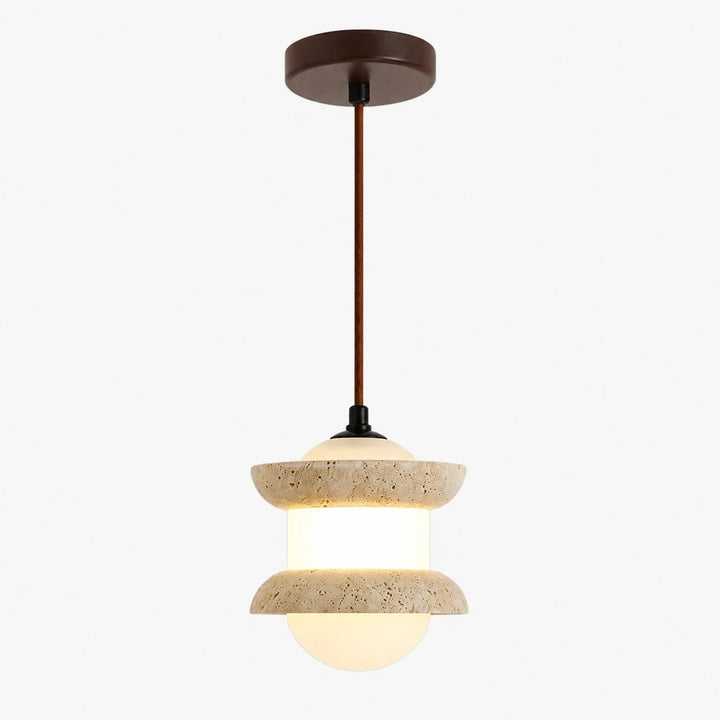 Single travertine stone pendant light on a plain background