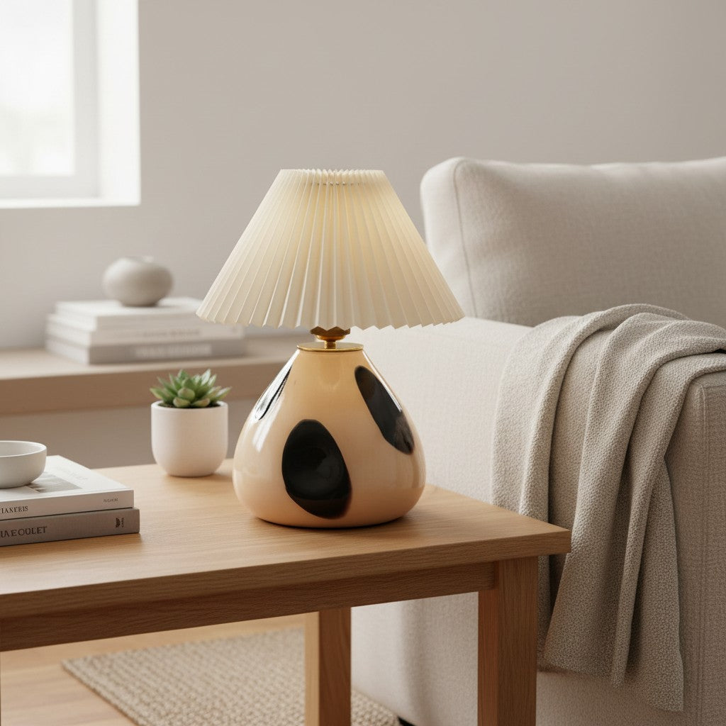 Undara Table Lamp - Pleated Fabric Shade Glass-Base Decorative Lamp for Living Room