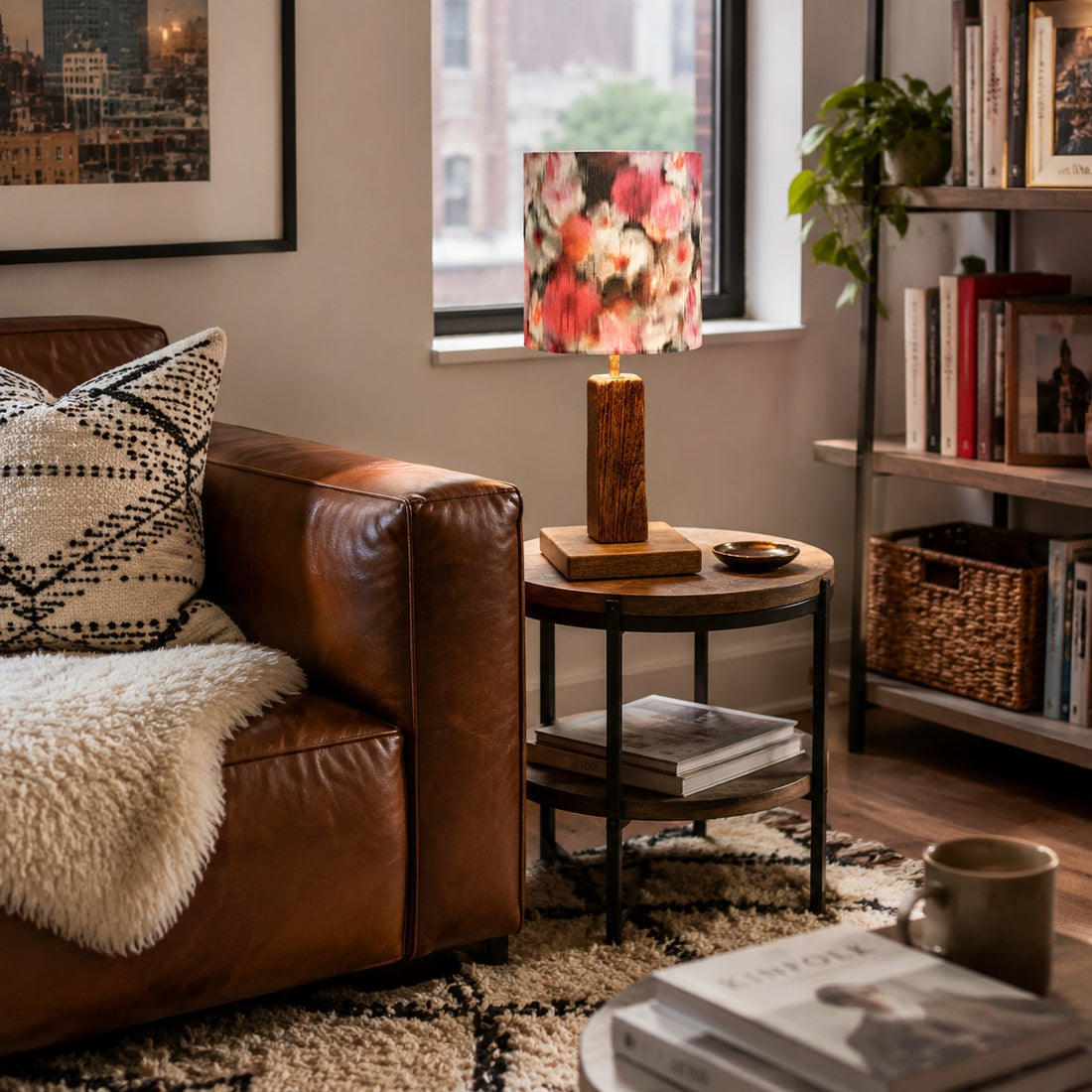 Colorful printed fabric table lamp in a styled interior