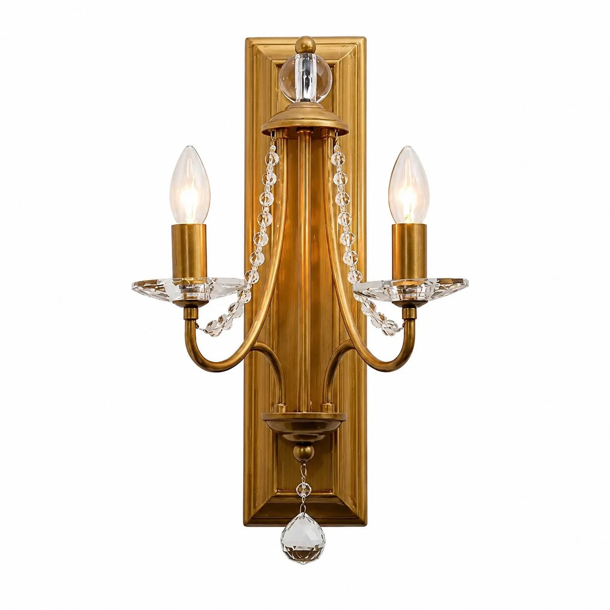Vintage brass crystal double wall sconce on a white background
