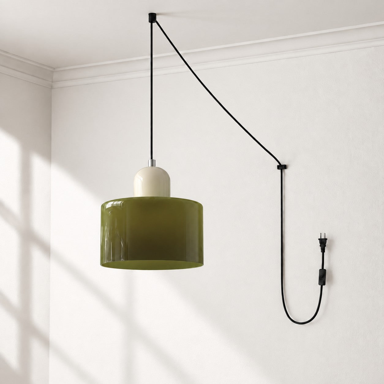 Mid-Century-Makronen-Pendelleuchte mit Stecker und Zugkabel - Bunter Lampenschirm als Hängelampe für die Wohnraumdekoration