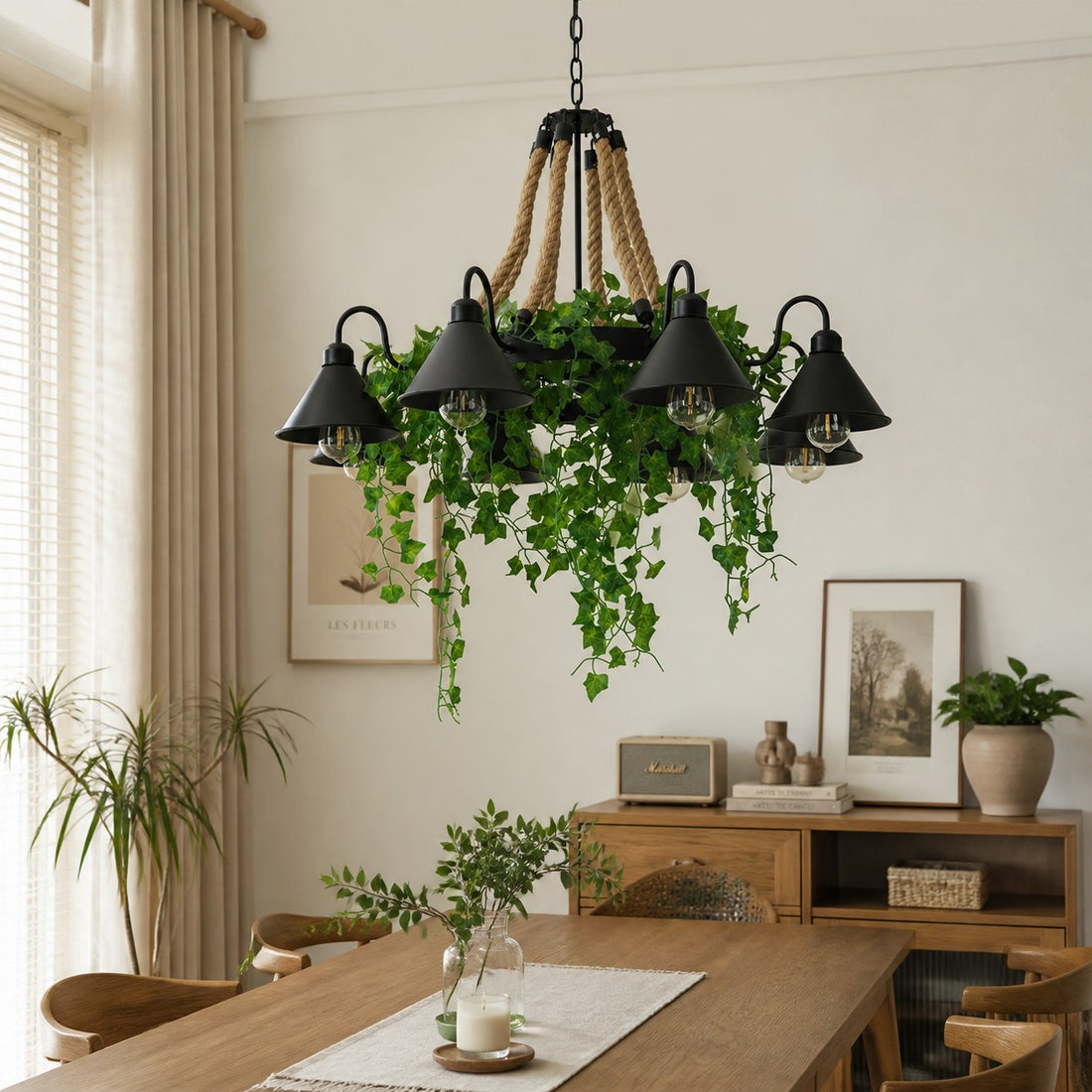 Rope and Greenery Wagon Wheel Chandelier