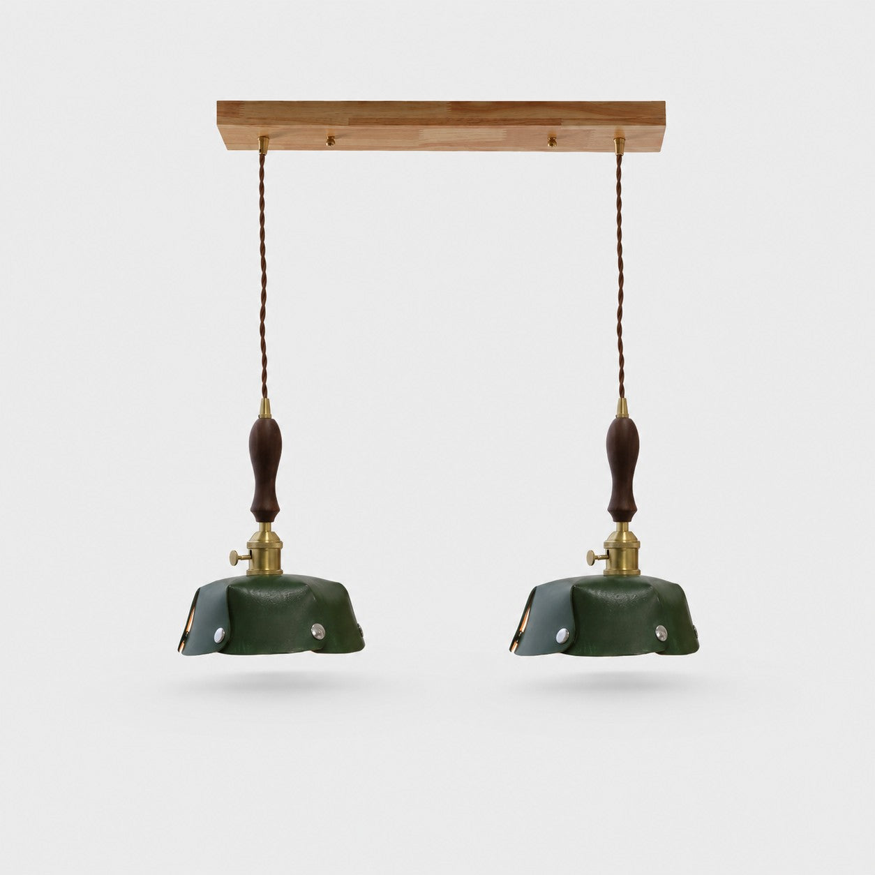 2-Light Linear Pendant Deep Green Leather Bar 50 cm / 19.7 in; Shade Dia. 20 cm / 7.9 in