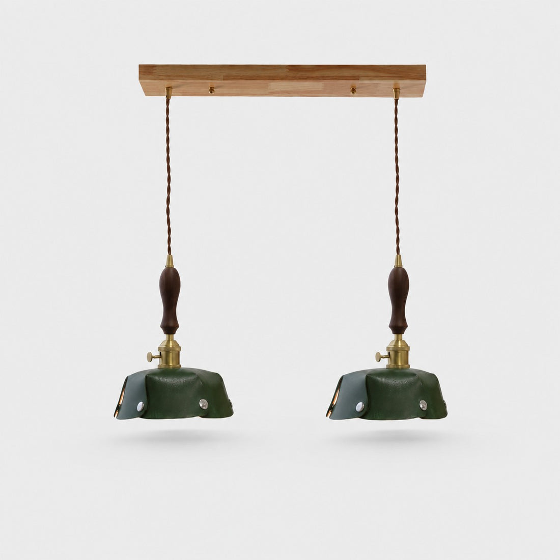 2-Light Linear Pendant Deep Green Leather Bar 50 cm / 19.7 in; Shade Dia. 20 cm / 7.9 in