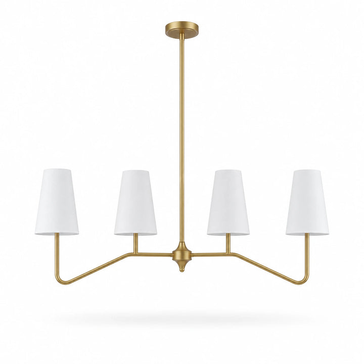 Strellux linear chandelier in brass finish with white shades
