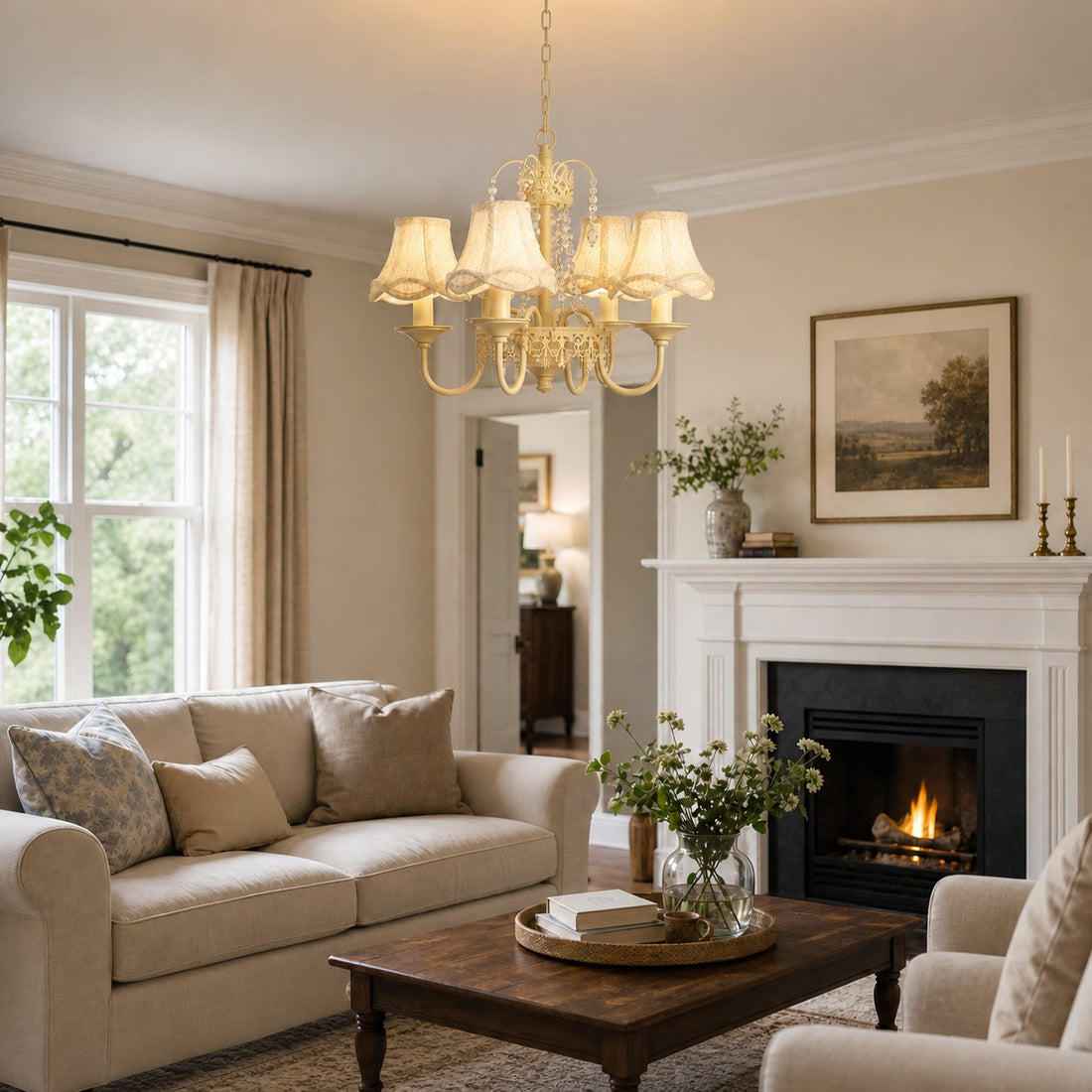 French Country Four Arm Fabric Shade Chandelier