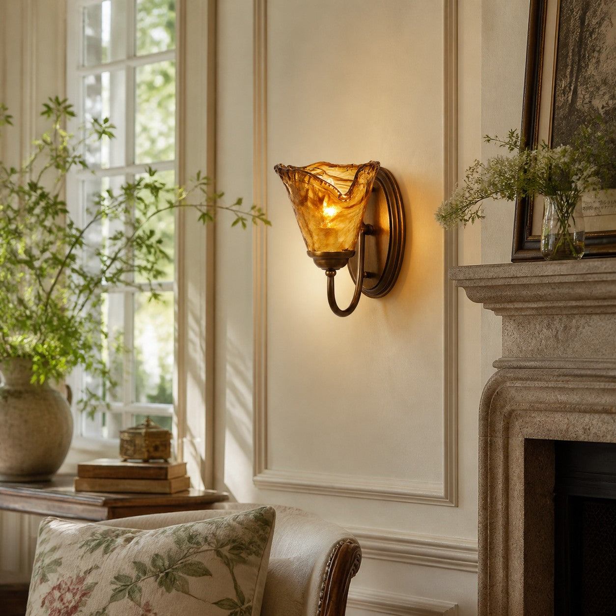 Sculpted Amber Glass and Brass Wall Sconce