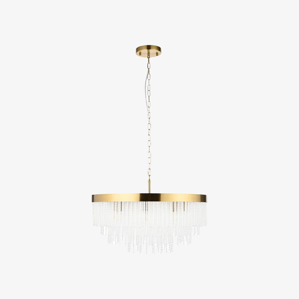 Cavara Multi-Tier Glass Rod Chandelier – Tiered Brass Pendant for Dining and Entry