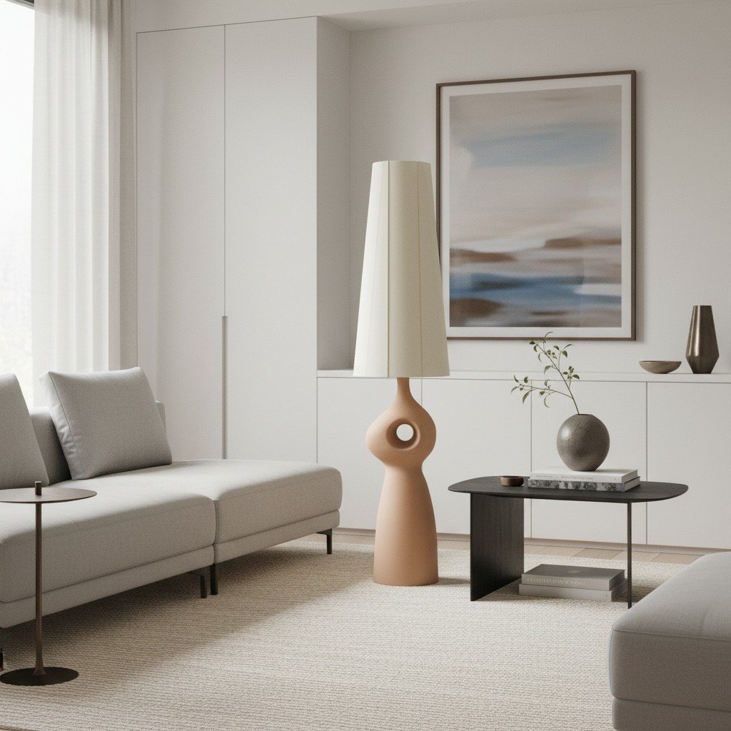 Pryssa Sculptural Ceramic Floor Lamp - Ivory Linen Shade for Living Room Accent
