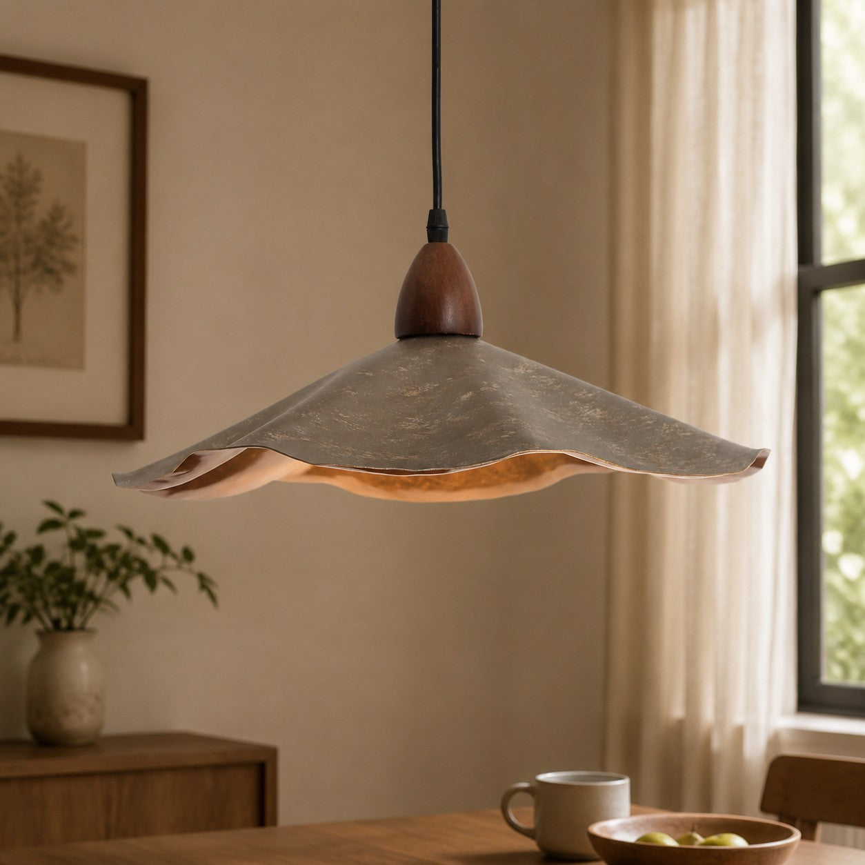 Vintage Wavy Pendant Light with Aged Metal Shade