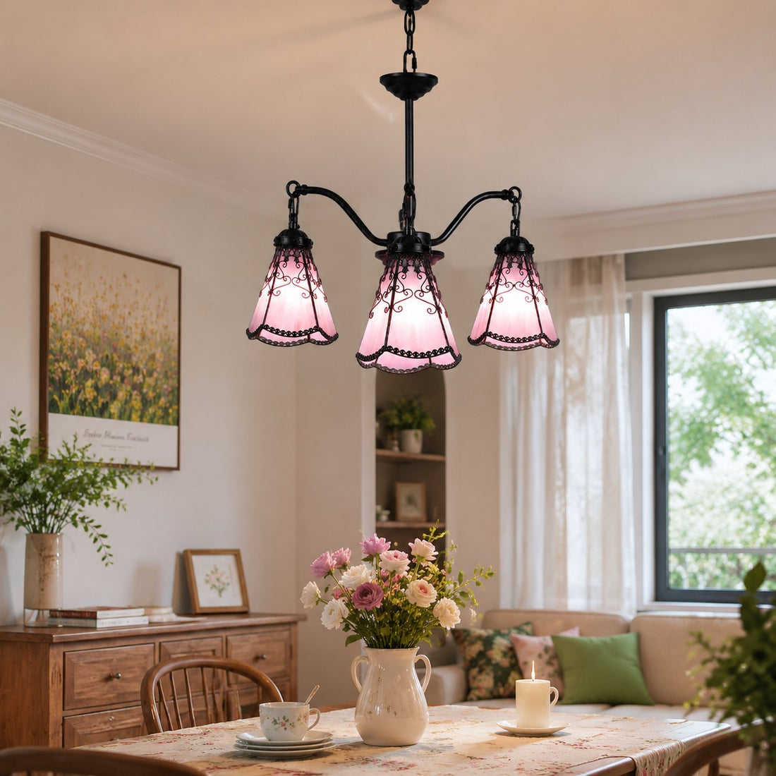 Pink chandelier installed in a living room