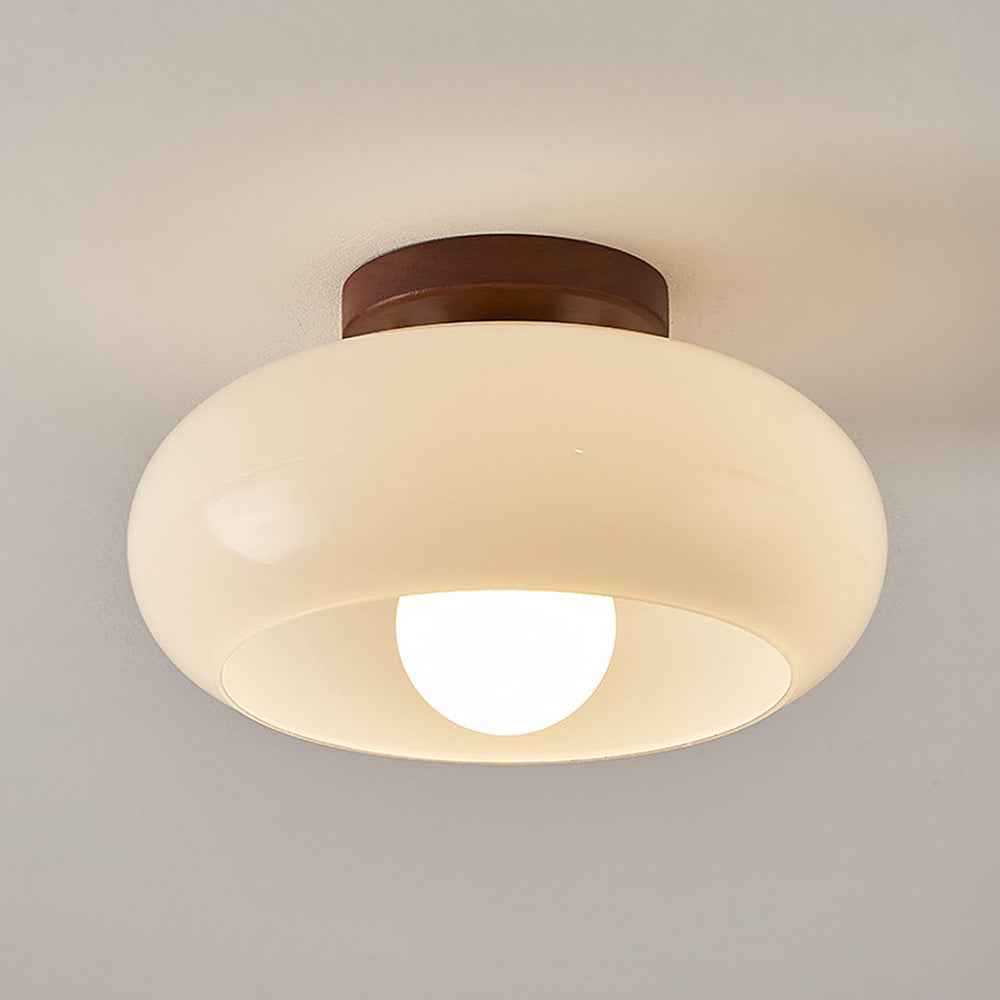 Cream Glass Ceiling Light - Vintage Bauhaus Walnut Lamp for Hallway