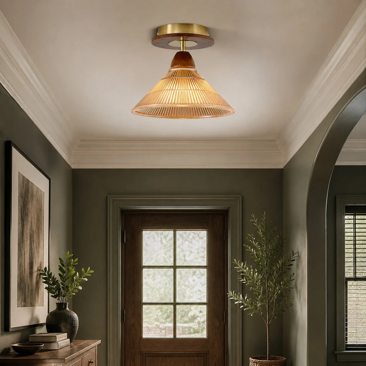 Amber pleated flush mount ceiling light in an entryway