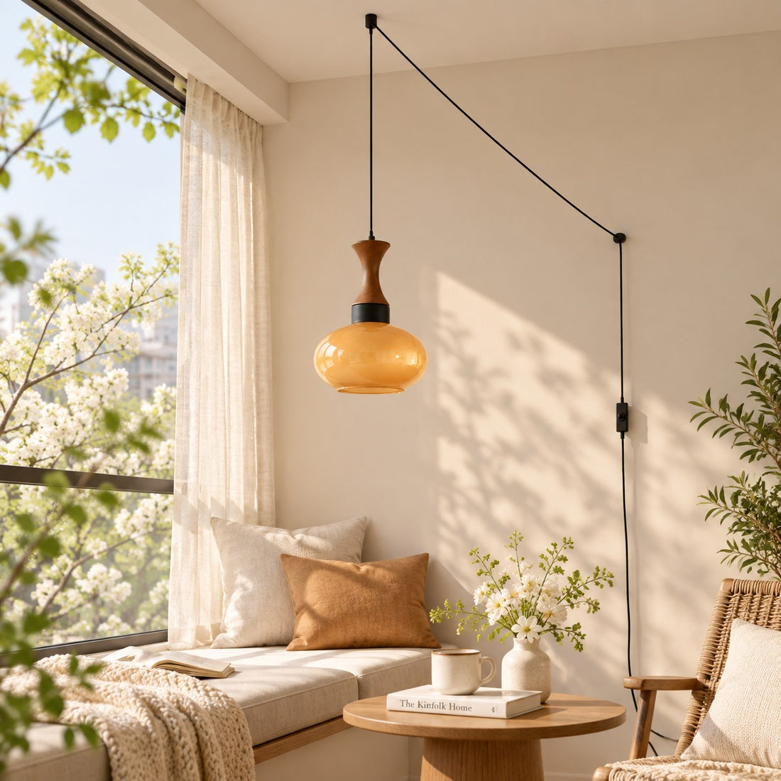 Skandinavische Pendelleuchte Velora im Landhausstil mit Stecker und Glasschirm
