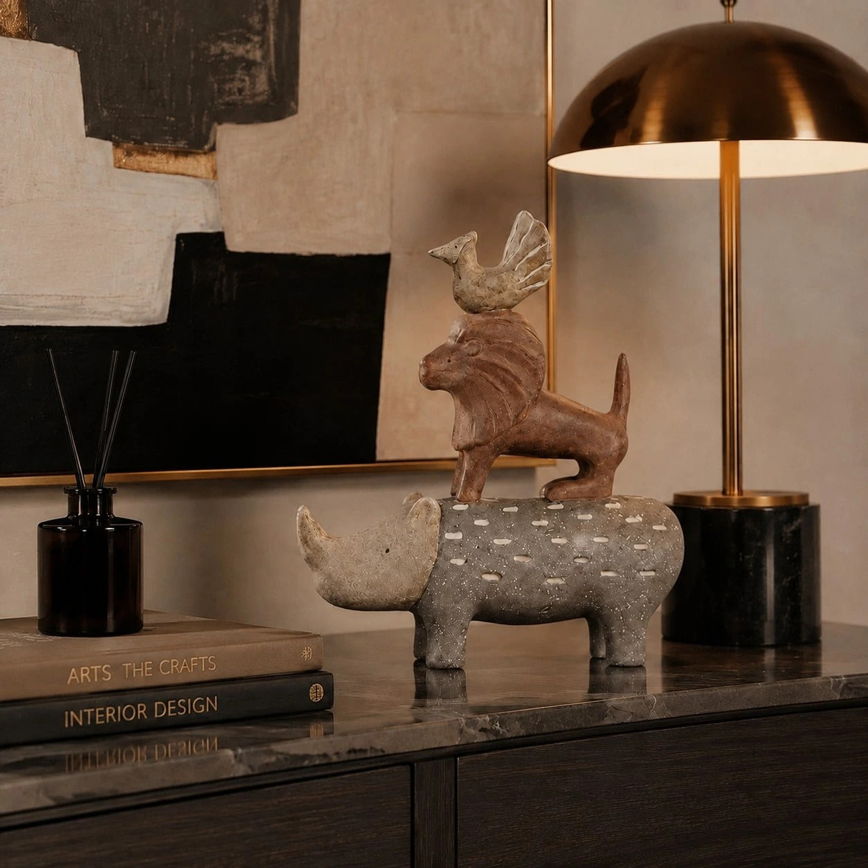 Qilin resin animal sculpture styled on a console table