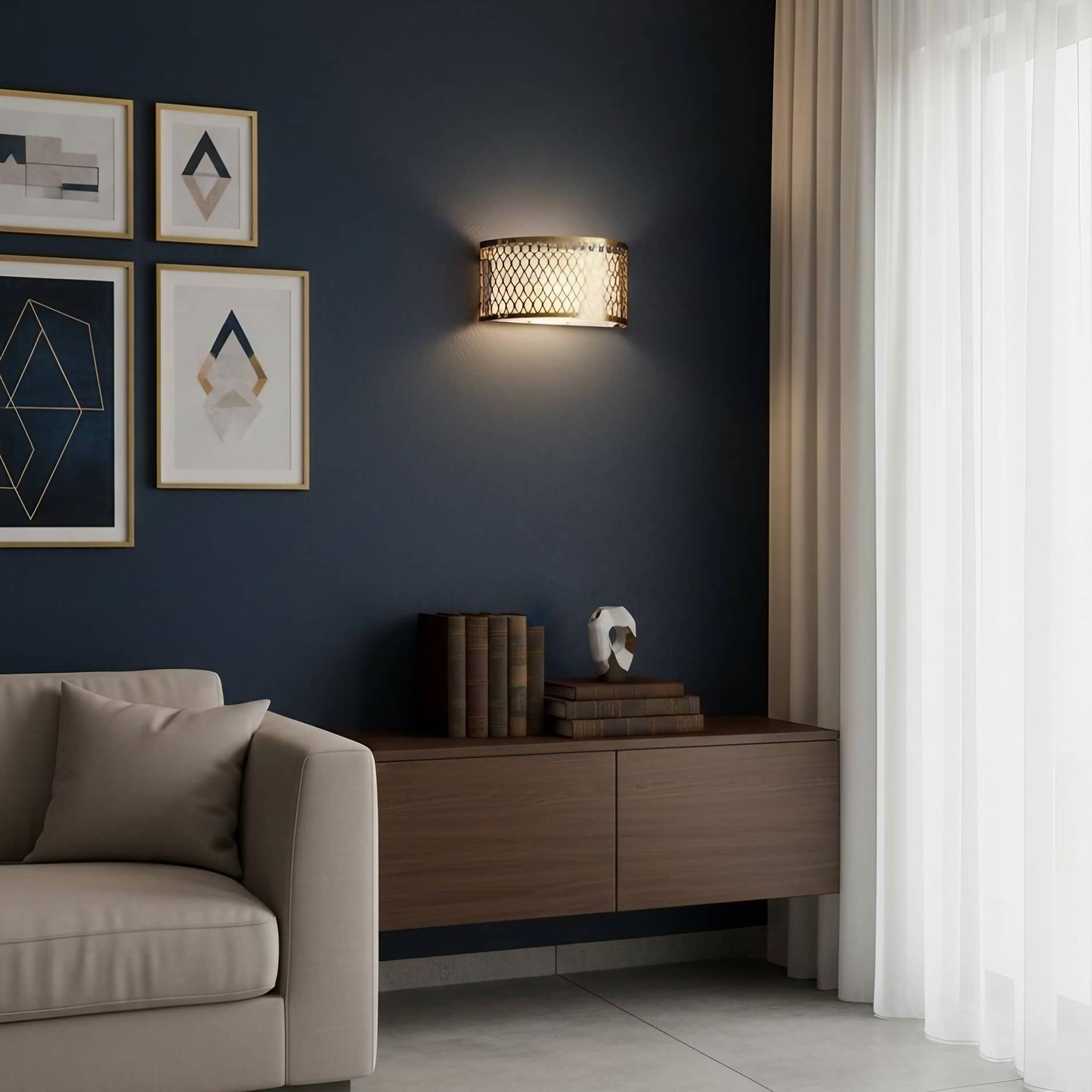 Liorin Wandleuchte mit Gittermuster – Moderne, geschwungene Wandleuchte aus Metall und Stoffschirm für Flur oder Schlafzimmer