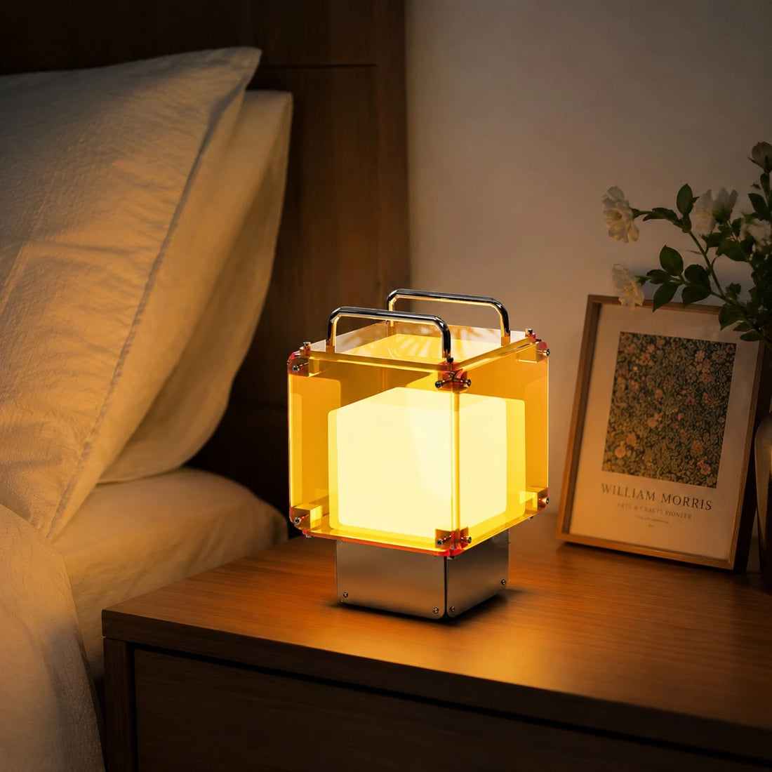 Rechargeable table lamp used on a bedside table