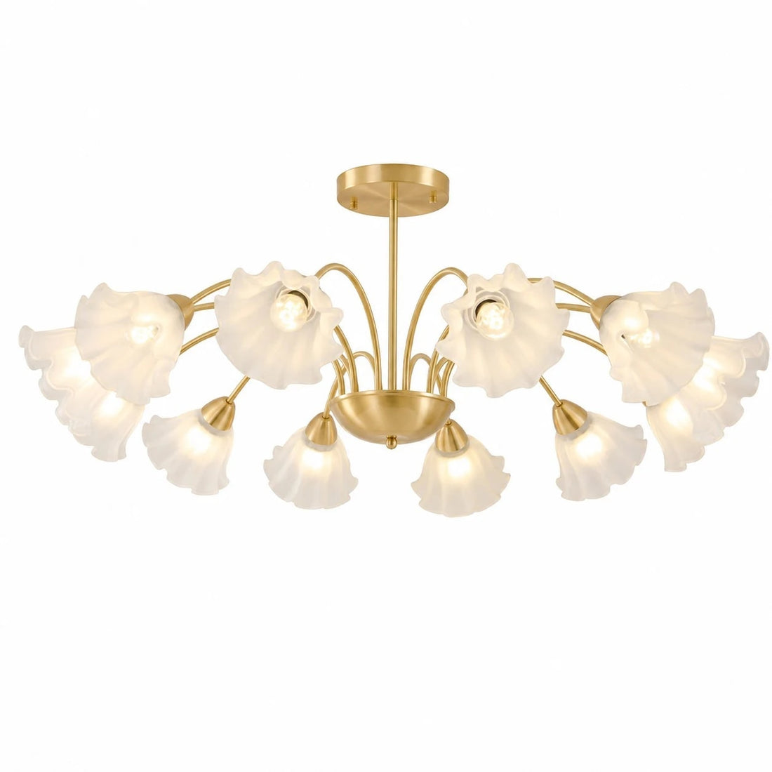 Solid brass twelve-arm floral glass chandelier on a white background