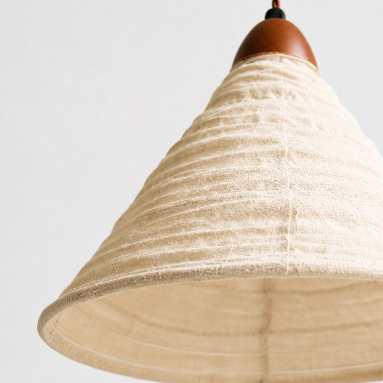 Pleated Fabric Cone Pendant Light with Wood Holder