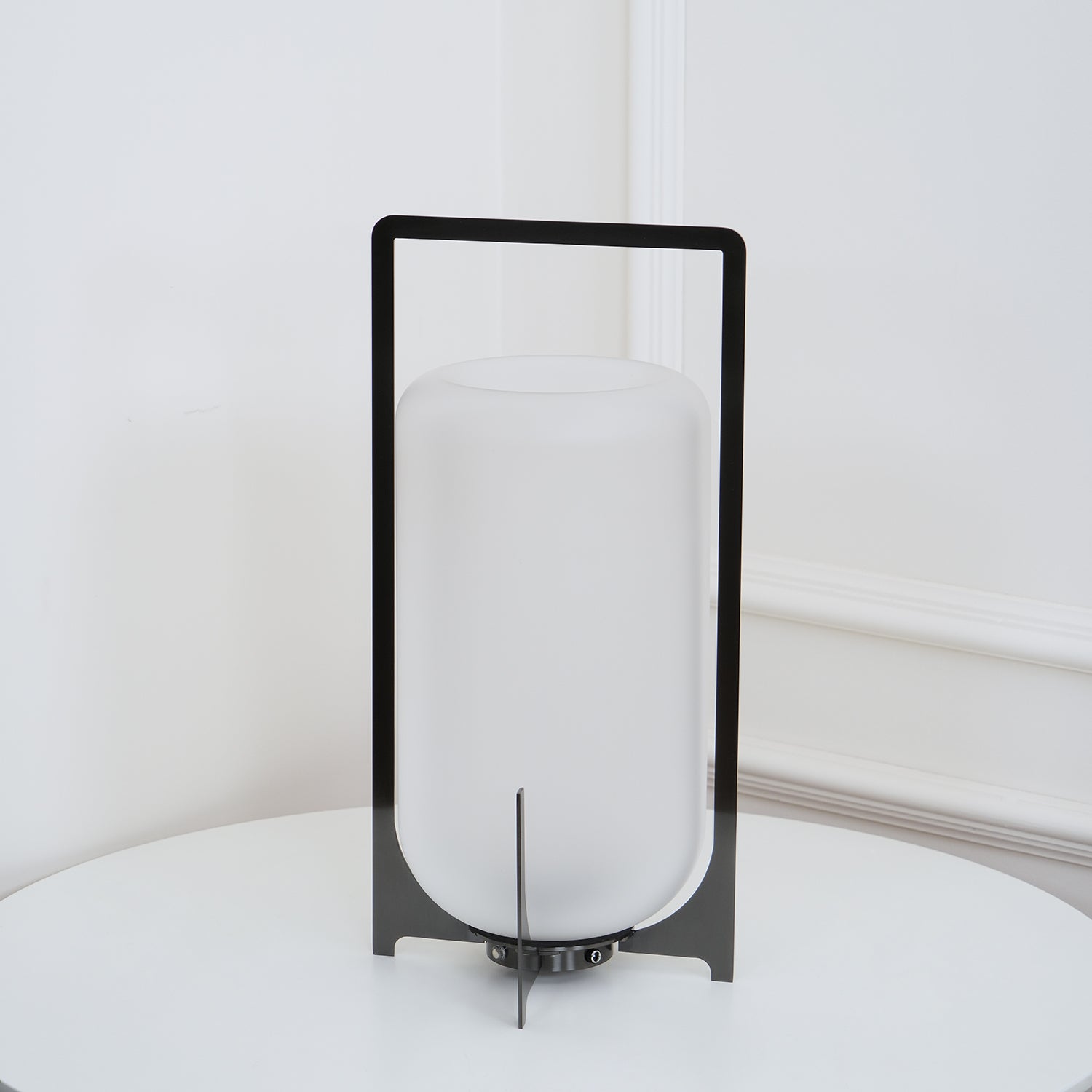 Black Lantern Table Lamp - Outdoor LED Light with Blown Glass Shade