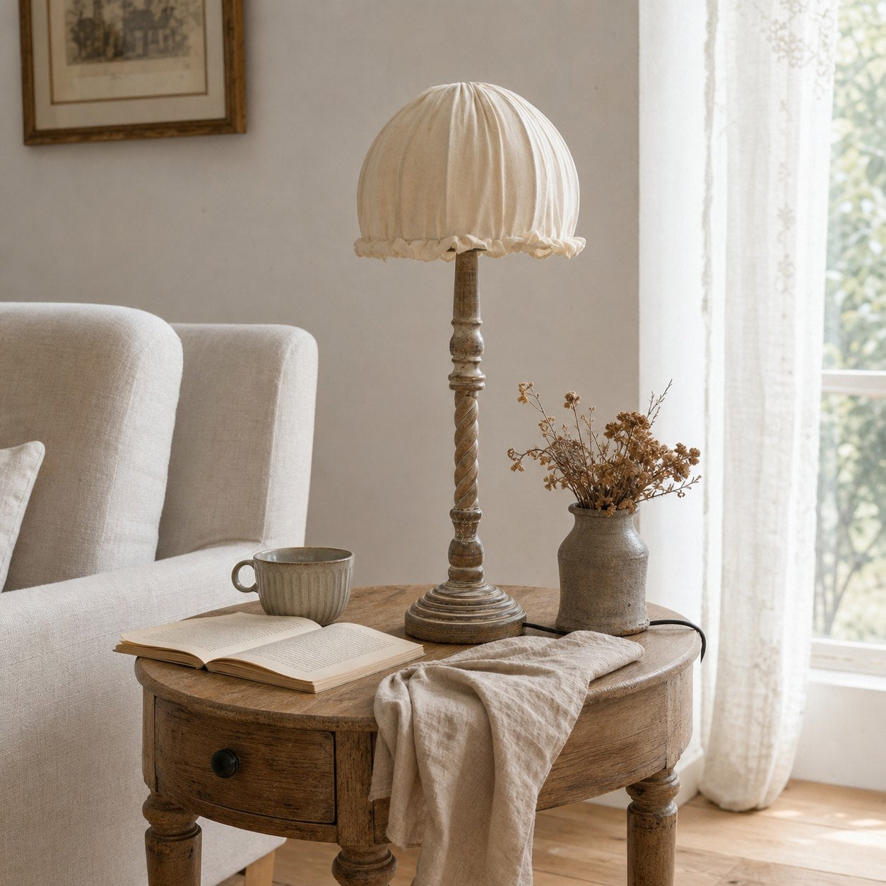 Pleated shade table lamp in reading corner