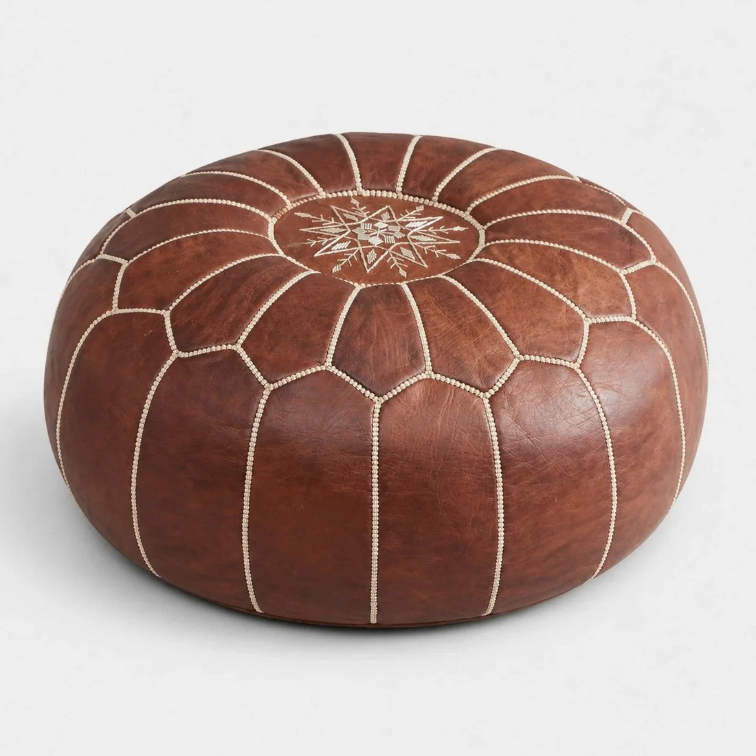 Brown Moroccan Pouf Ottoman, Round Stitched Footrest for Living Room, Bedroom and Boho Decor