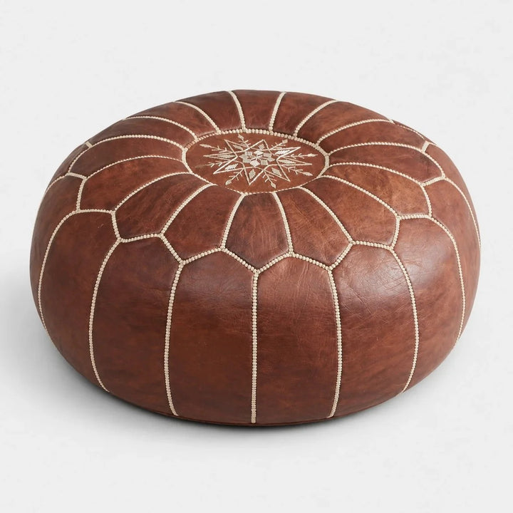 Brown Moroccan Pouf Ottoman, Round Stitched Footrest for Living Room, Bedroom and Boho Decor