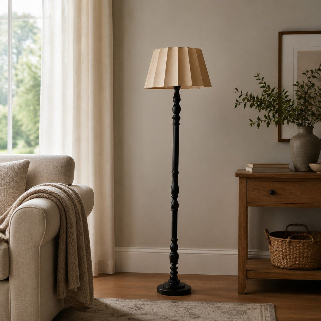 Vintage Fabric Shade Floor Lamp with Turned Wood Base