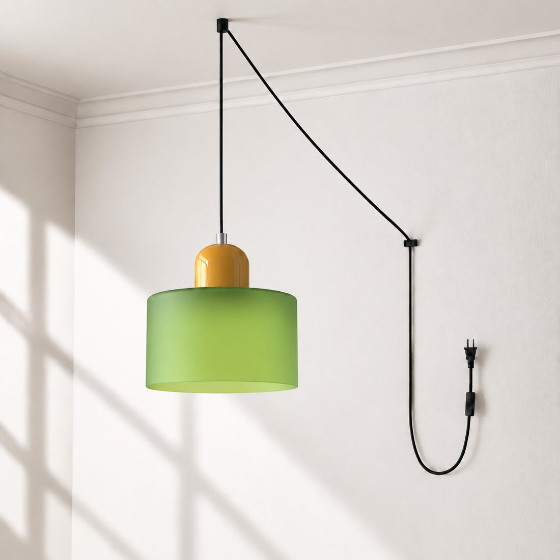 Mid-Century-Makronen-Pendelleuchte mit Stecker und Zugkabel - Bunter Lampenschirm als Hängelampe für die Wohnraumdekoration