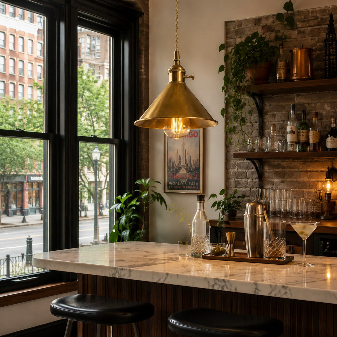 Conical copper pendant light in a vintage interior