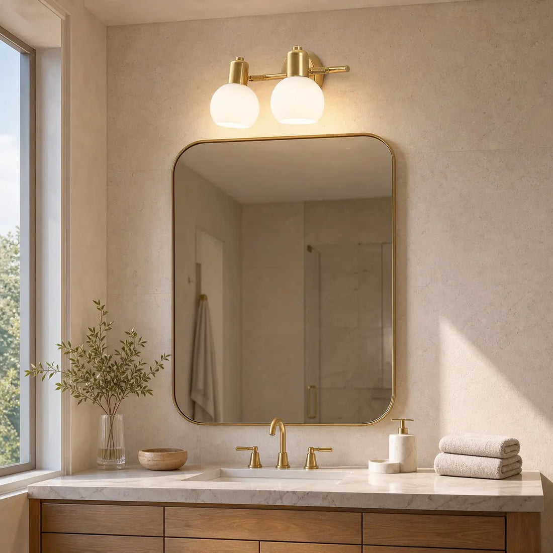 Two-light gold wall sconce above a bathroom vanity