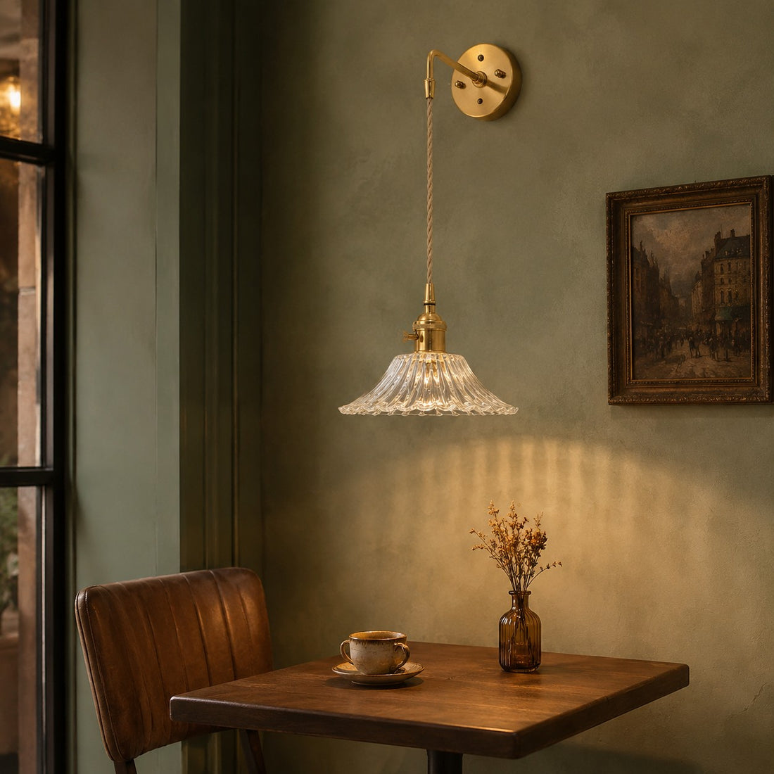 Brass and clear glass wall light in a calm living room corner