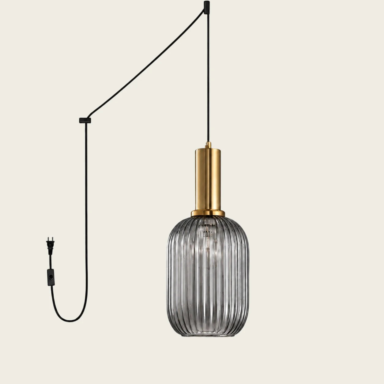 Smoky Grey Model A Small ribbed glass plug-in pendant light