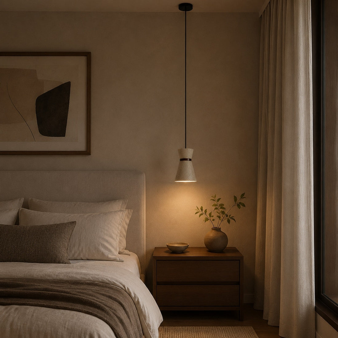 Single travertine pendant light beside a calm bedroom