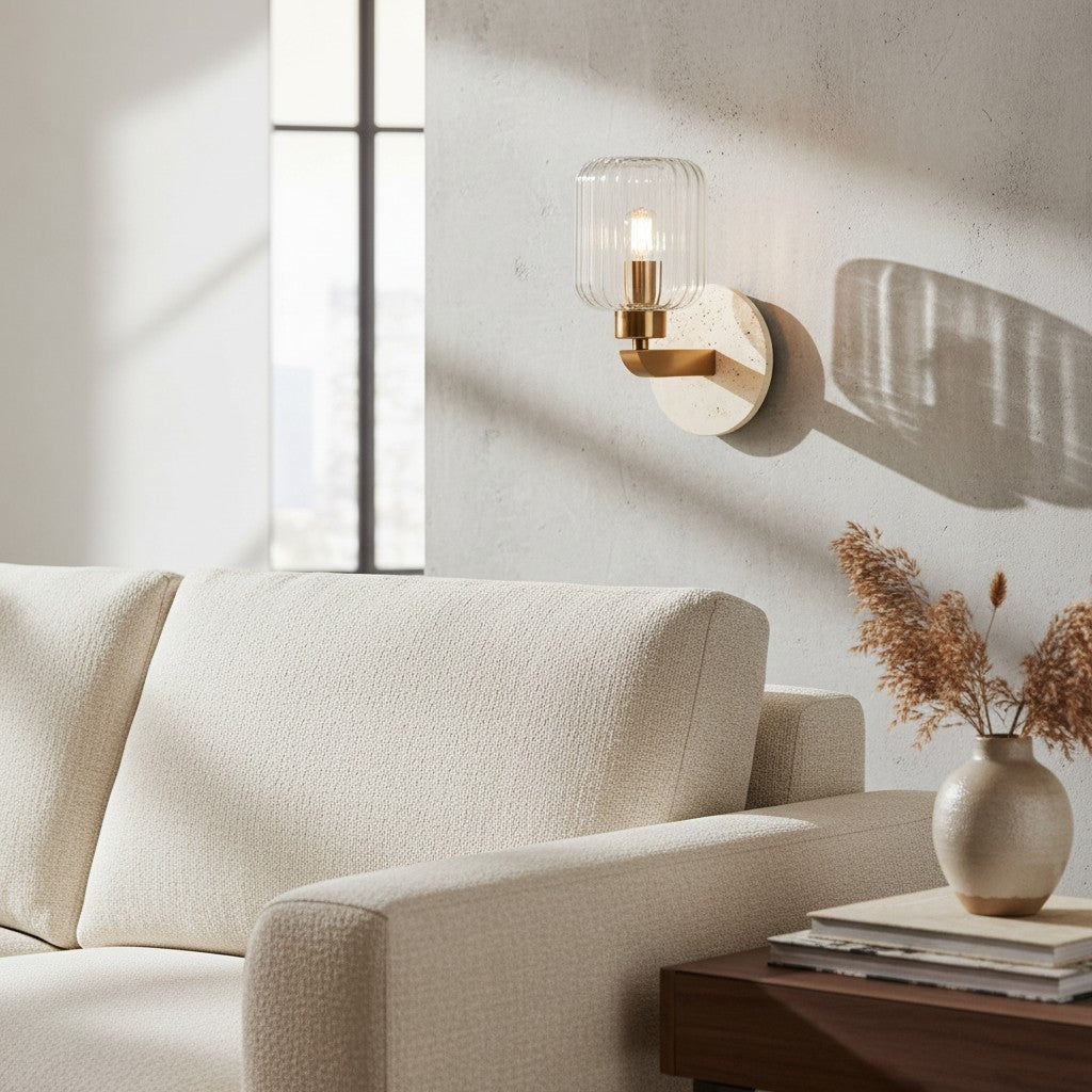Korlisse Modern Marble Wall Light - Vintage Brass & Clear Glass Accent for Living Room and Hallway