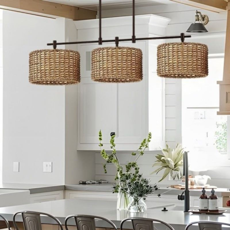 3 Light Handwoven Drum Farmhouse Pendant Light