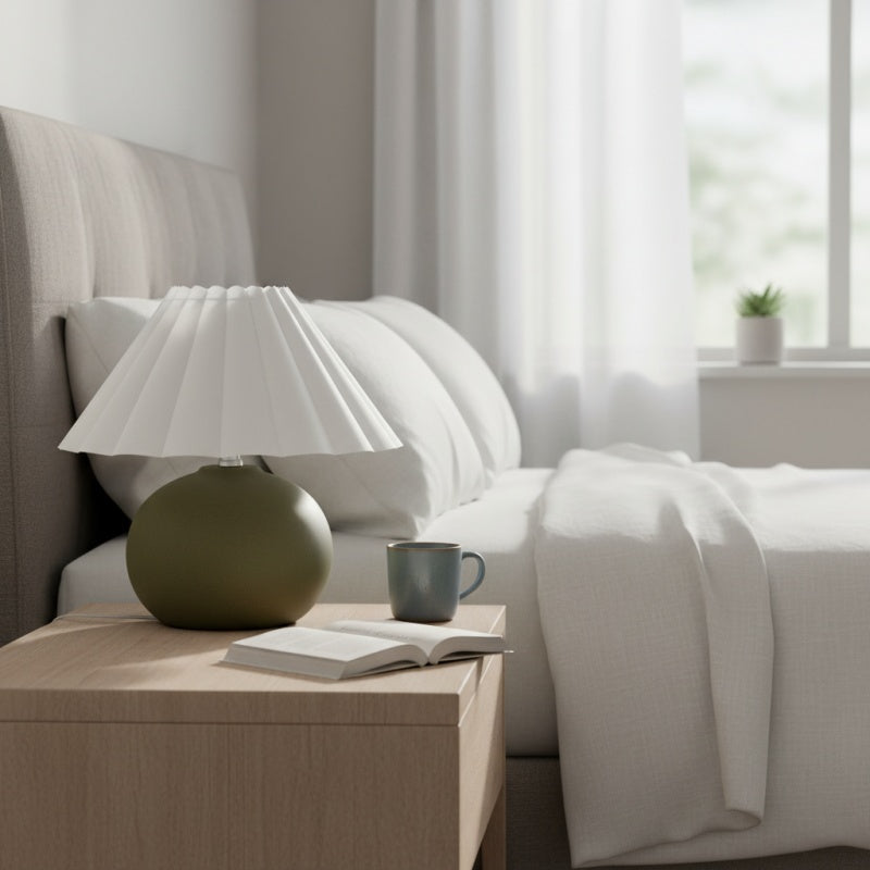 Ruffmeto Decorative Table Lamp — Round Ceramic Base with Pleated Fabric Shade for Cozy Spaces