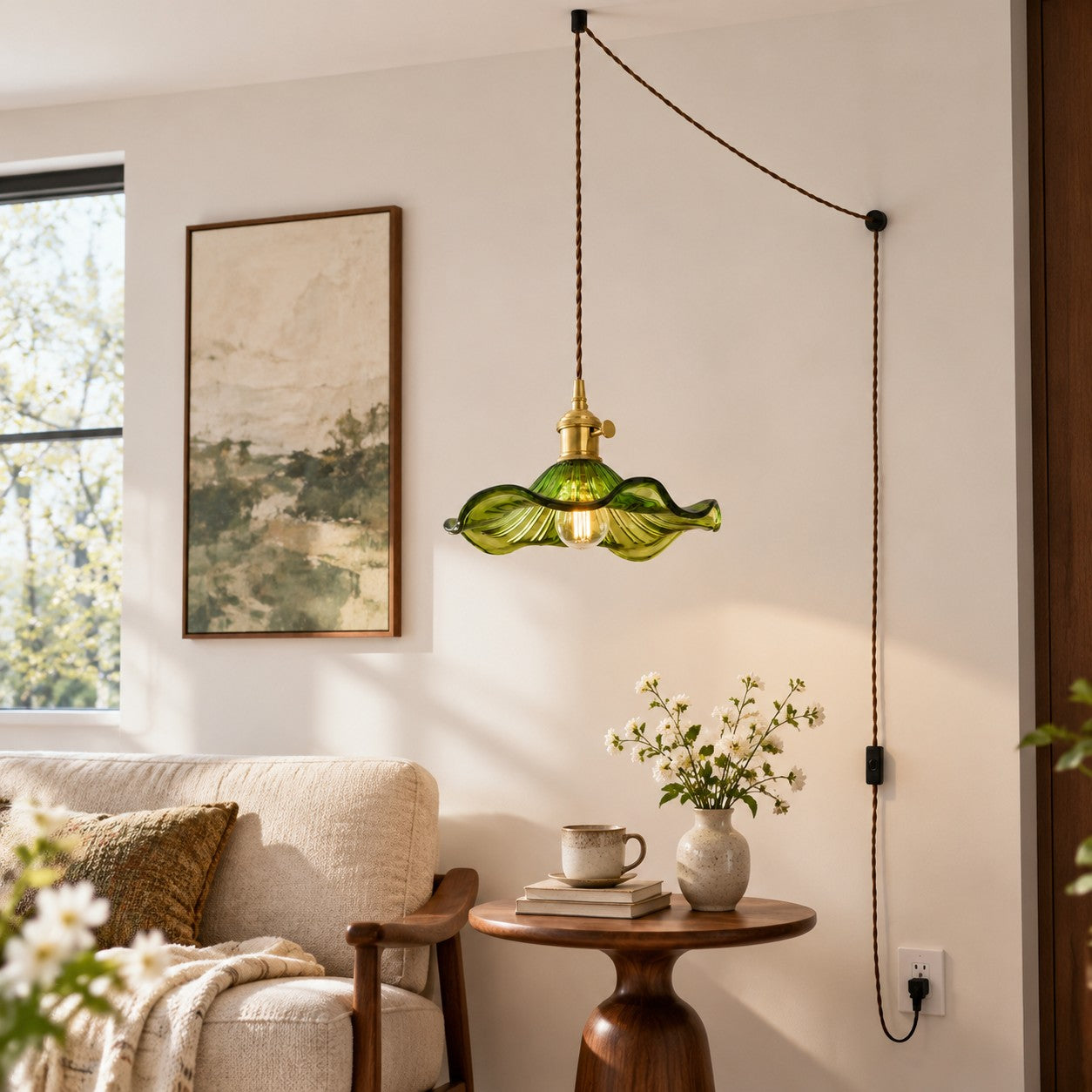 Geriffelte florale Glas-Hängeleuchte mit Kabel