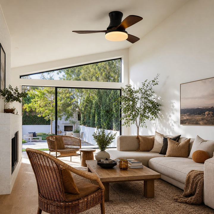 Black walnut ceiling fan light in a living room