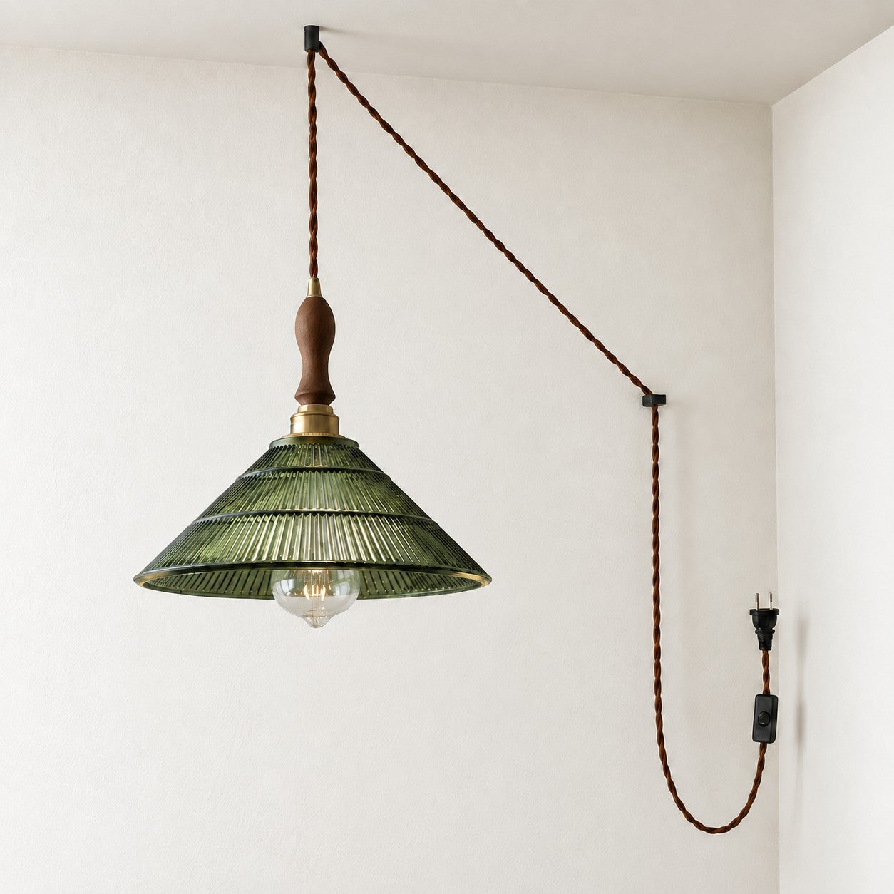 Vintage Ribbed Glass Shade Plug‑in Swag Pendant Light - Hanging Lamp for Dining and Living Room