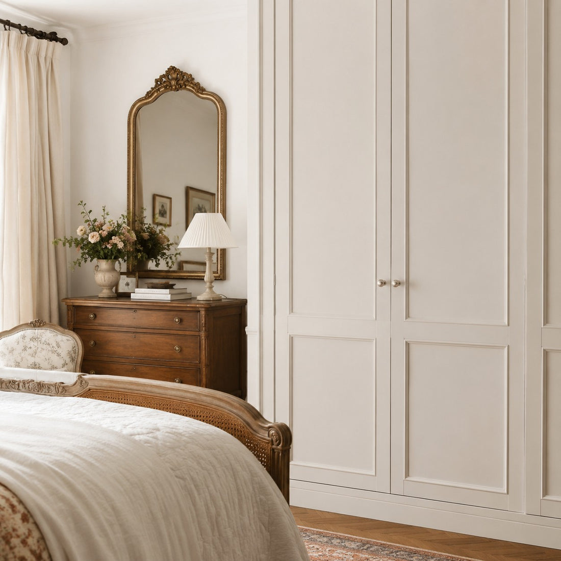 Pearl white cabinet knobs on a wardrobe