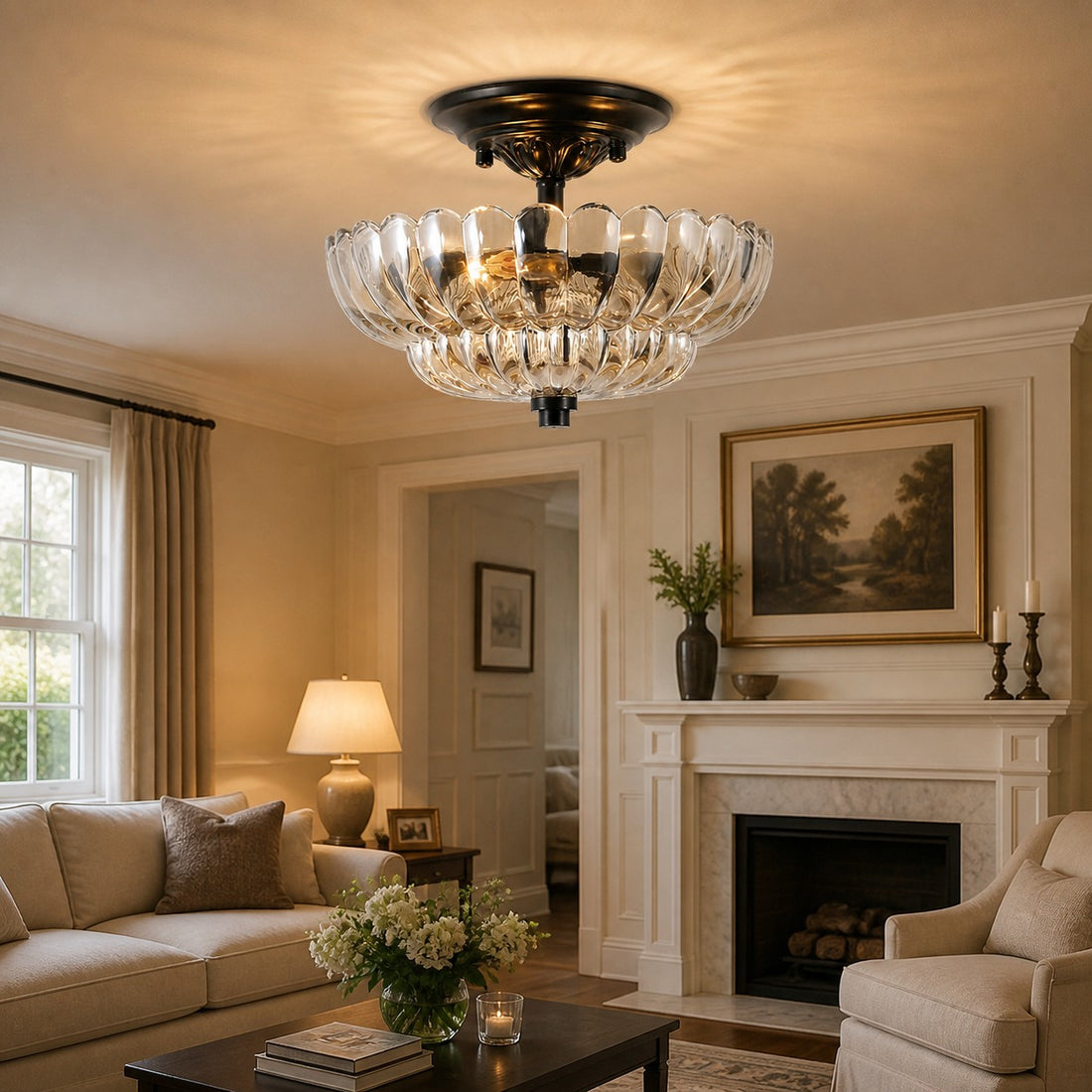 Floral Brass and Amber Glass Semi-Flush Ceiling Light