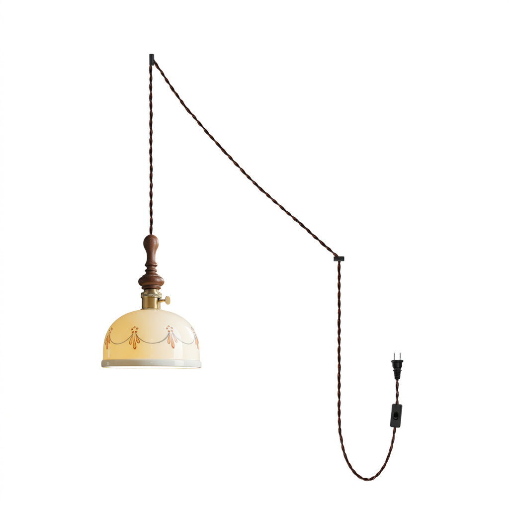 Keramik-Pendelleuchte mit Stecker und Zugkabel und Holzabschluss