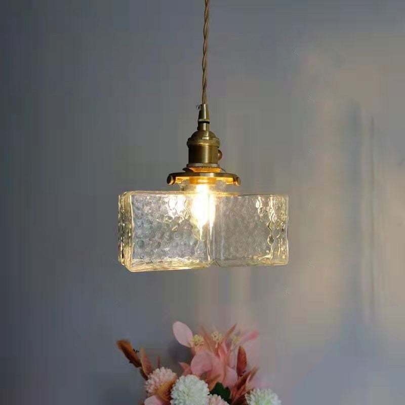 Traditionelle Vintage Quadrat Rechteck Ripple Glas Eisen 1-Licht Pendelleuchte für Wohnzimmer