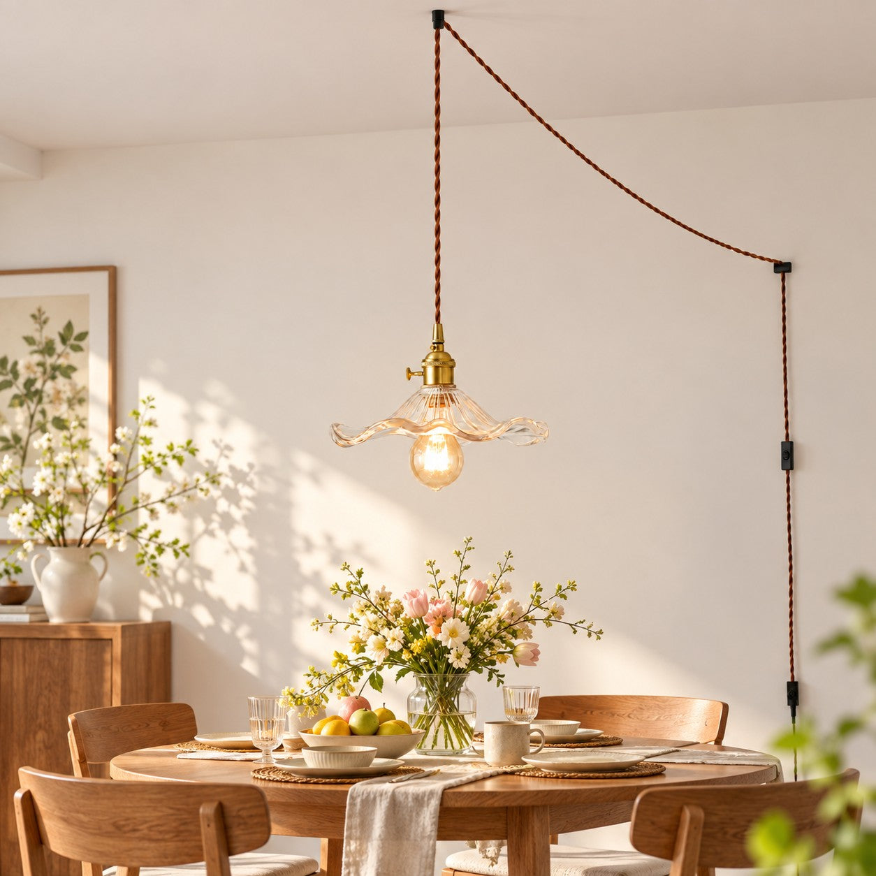 Geriffelte florale Glas-Hängeleuchte mit Kabel